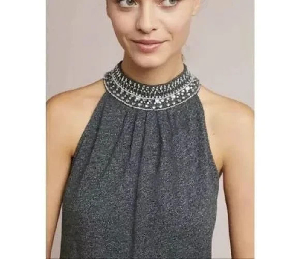 Anthropologie Vanessa Virginia Gray Embellished Mock Neck Halter Tank Glam XS